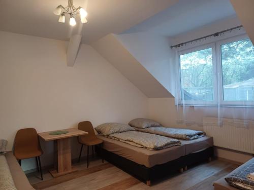 a room with two beds and a window at Agroturystyka W Stadninie Koni in Maszyce