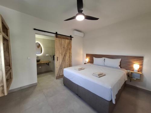 a bedroom with a large bed with a ceiling fan at Emma Luxury Pool Suites Resort in Willemstad