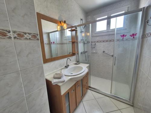 a bathroom with a sink and a shower at Vir'Volcans - Terrasse Parking Garage privatif in Romagnat