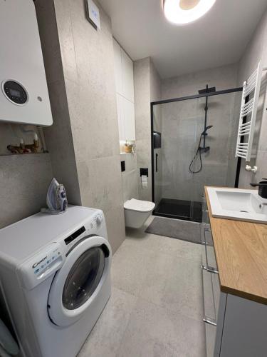 a bathroom with a washing machine and a sink at Dobre Miejsce in Skoczów
