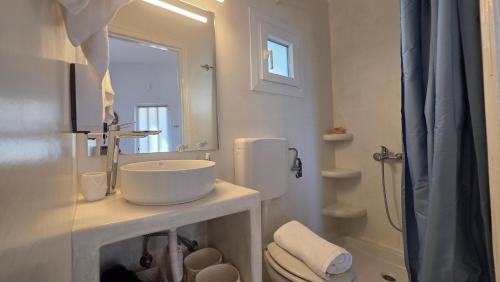 a bathroom with a sink and a toilet and a mirror at Spitaki Milos in Tripiti