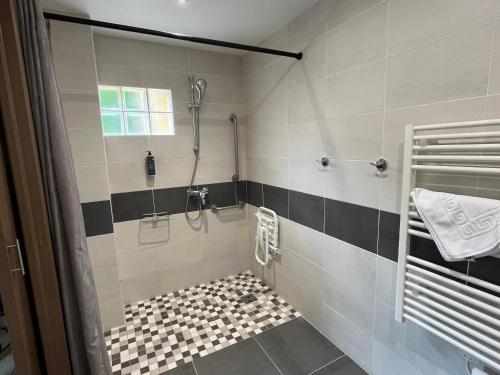 a bathroom with a shower with black and white tiles at Le Relax in Boulazac