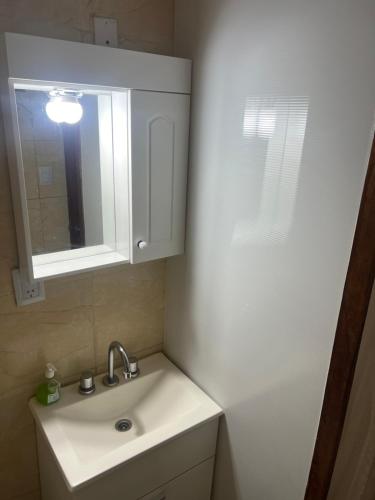 a bathroom with a sink and a mirror at Mageeva Miramar Bs As Argentina Departamentos in Miramar