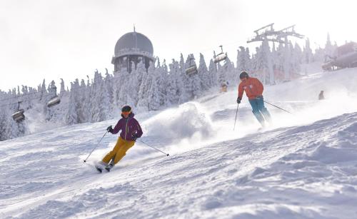 two people are skiing down a snow covered slope at Rehwinkel in Bodenmais