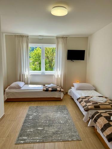 a bedroom with two beds and a window at Pokoje u Strażaka in Krościenko