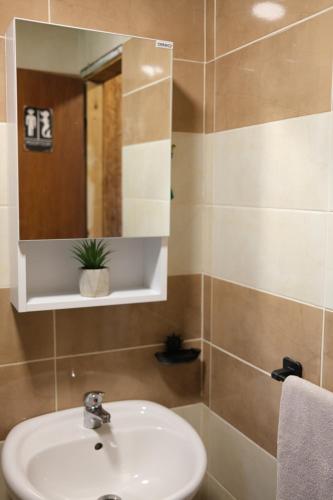 a bathroom with a sink and a mirror at Jack Sparrow's cottage- Ada Bojana River in Donji Štoj