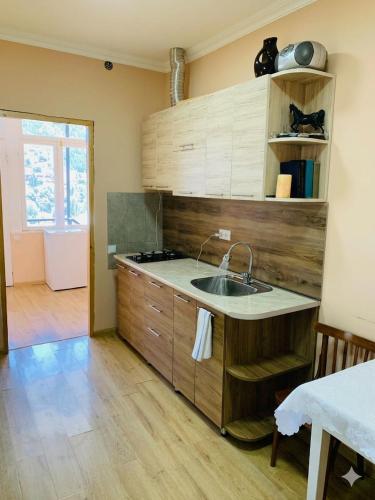 a kitchen with a sink and a counter top at Mountain Horizon in Borjomi