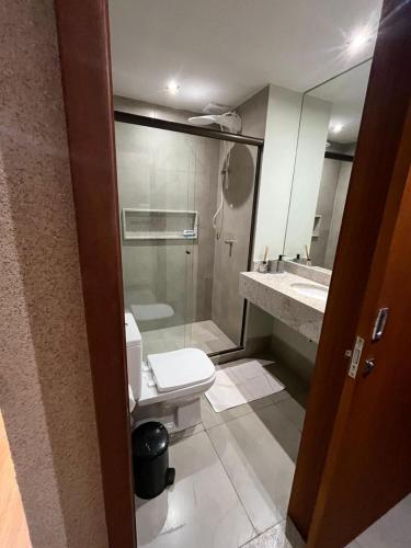 a bathroom with a toilet and a shower and a sink at Ap 101 concept BobZ in Barrinha