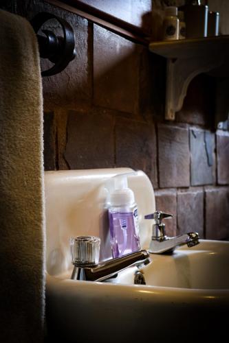 a bathroom sink with a bottle of soap on it at Mercy Tree Manor in eMalahleni