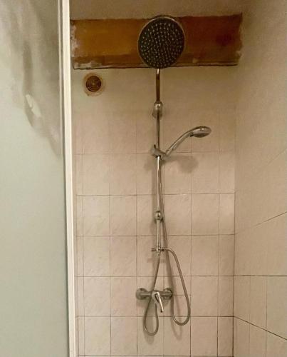 a shower with a shower head in a bathroom at Petit chalet rénové in Grandrif