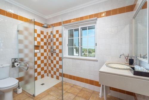 a bathroom with a shower and a toilet and a sink at Espargosa Monte de Baixo & Art in Castro Marim