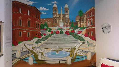 une fresque murale représentant une ville avec une fontaine dans l'établissement The Pope At The Window, à Rome