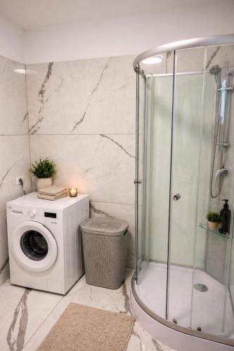 a bathroom with a shower and a washing machine at Apartament Nou & Modern în Rădăuți 2 Camere Parcare WiFi in Rădăuţi