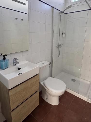 a bathroom with a toilet and a sink and a shower at Apartamento Binibeca Nou Cami de Cavalls in Binibeca