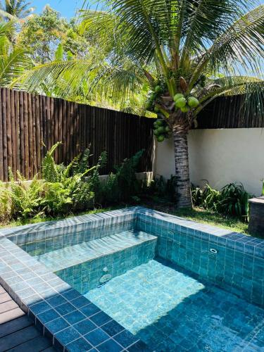 a swimming pool in a yard with a palm tree at Villa Coco e Sol - Casa com Jacuzzi in Amontada