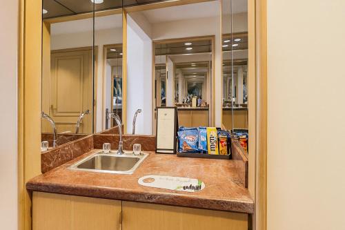 a bathroom counter with a sink and a mirror at The Buckingham Hotel in Chicago