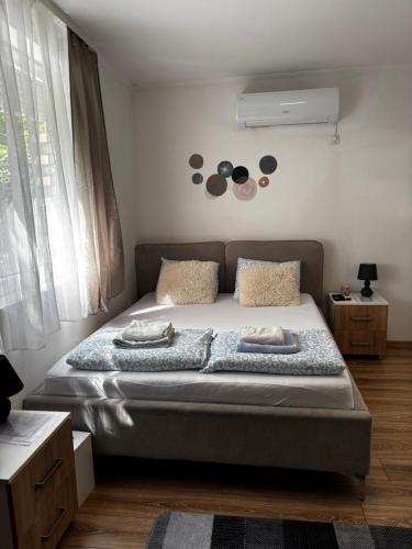 a bedroom with a bed and a air conditioner on the wall at Studio Apartman M&S Apatin in Apatin