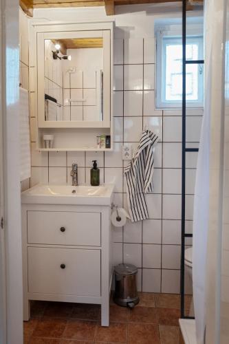 a bathroom with a sink and a mirror at Thermal Corner Guesthouse in Alsópáhok