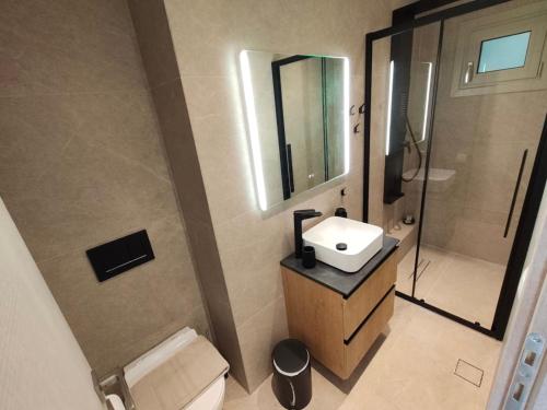 a bathroom with a toilet and a sink and a mirror at Porto Minimal Oasis in Porto Rafti