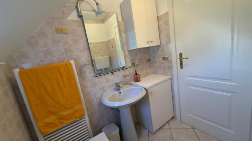 a bathroom with a sink and a mirror at Appartamento Belvedere in Teglio