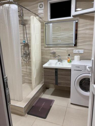 a bathroom with a shower and a washing machine at Guest house Nano in Martvili