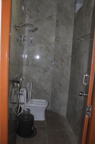 a bathroom with a toilet and a shower at Hotel GVP Residency in Tirupati