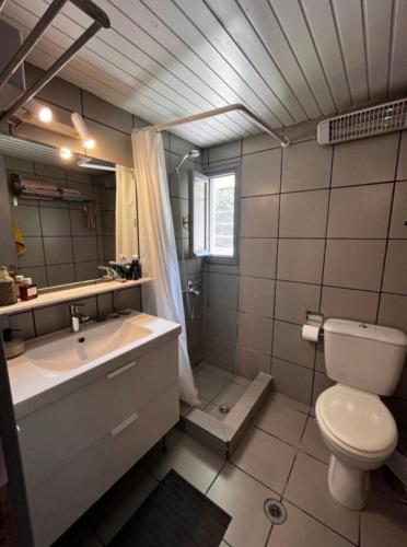 a bathroom with a toilet and a sink and a mirror at The Arch House in Kymi