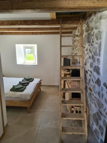 a bedroom with a bunk bed and a ladder at Au petit nid in Vilars