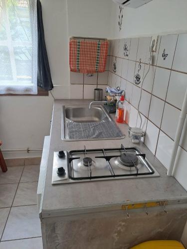 a kitchen counter with a stove and a sink at Kisfaludy Vendégház in Abádszalók