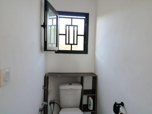 a bathroom with a toilet and a mirror at Résidence Vahi-Ni, Villa Faniry in Hell-Ville