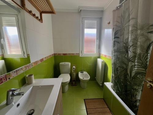 a green bathroom with a toilet and a sink at Las Candelas, Casa Turística in Uruñuela