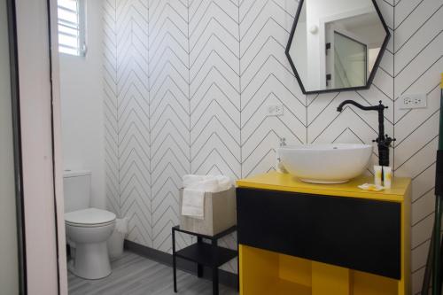 a bathroom with a sink and a toilet and a mirror at La Ceiba Suite 2 with private plunge pool in Anasco