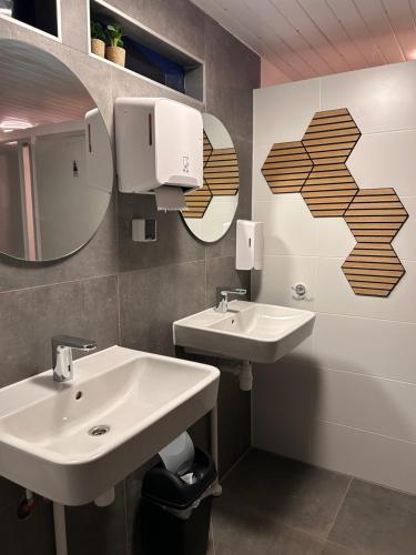 a bathroom with two sinks and a mirror at Minicamping Het Zuiderscheveld in Hollandscheveld