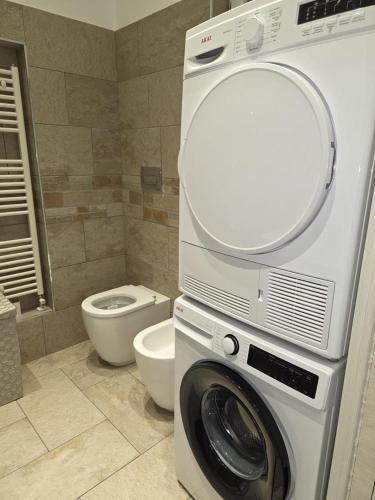 a bathroom with a washing machine and a toilet at Living Monza Arengario in Monza