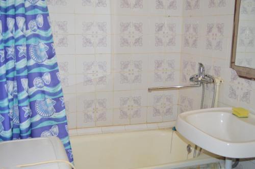 a bathroom with a sink and a toilet and a shower curtain at Apartaments at Shevchenko 66 in Smolensk