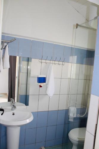 a blue and white bathroom with a sink and a toilet at ANORA Mare Suites in Orikum