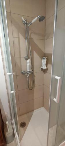 a shower with a glass door in a bathroom at La maison bleue des Pyrénées in Argut-Dessous