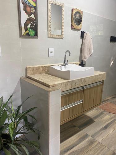 a bathroom with a white sink and a plant at Rancho ABA DO BETIONE in Bodoquena