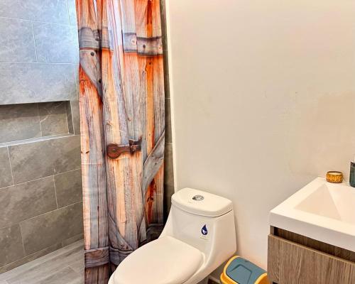 a bathroom with a toilet and a shower curtain at Casa en Paseo San Junipero in San José el Alto