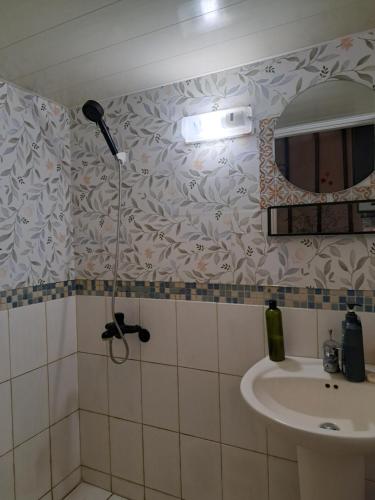a bathroom with a shower and a sink and a mirror at 包棟Linsen Secret Realm 27 in Tainan