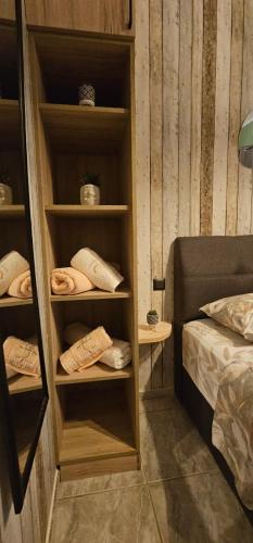 a room with a book shelf next to a bed at Alora Cosy Suite in Kefalos
