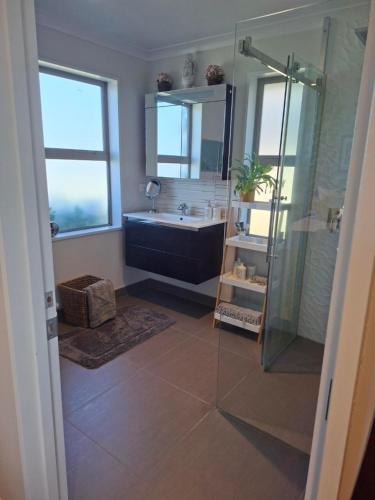 a bathroom with a shower and a tub and a sink at Ra-ata Farm in Rangiora