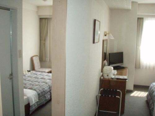 Habitación de hotel con cama, escritorio y TV. en New Royal Hotel Shimanto en Shimanto