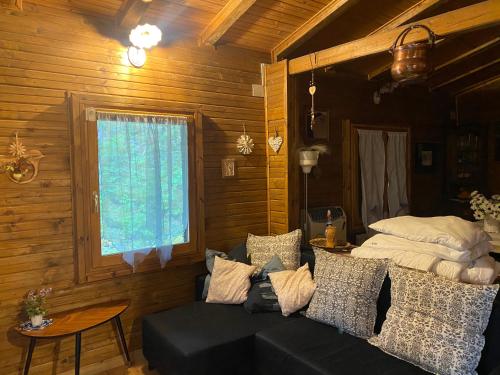 a living room with a couch and a bed at Casa vacanza Chalet Baita nel Bosco in LʼAquila
