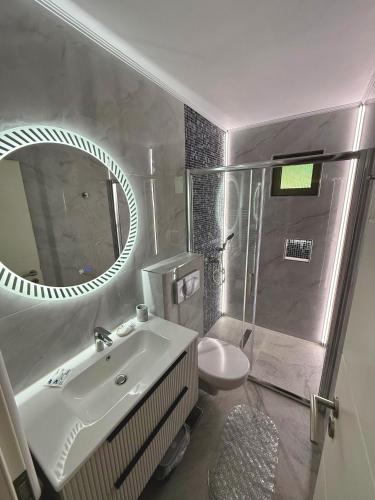 a bathroom with a sink and a toilet and a mirror at Cazare Casa Sandra in Băile Herculane