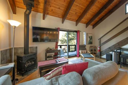 a living room with a couch and a stove at Tramway Haus Mountain Views in Stateline
