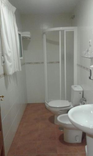 a bathroom with a shower and a toilet and a sink at Hotel Los Molinos in Lo Pagán