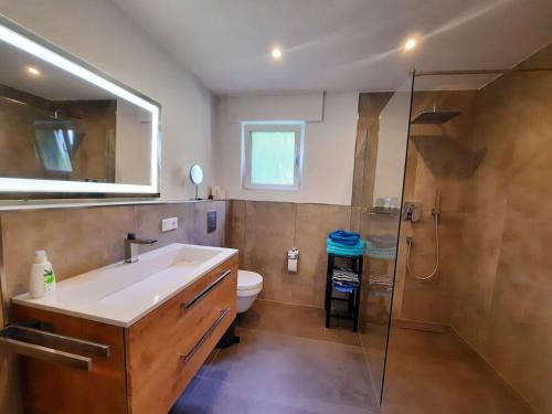 a bathroom with a sink and a toilet and a shower at Modern apartment Selm Cappenberg in Selm