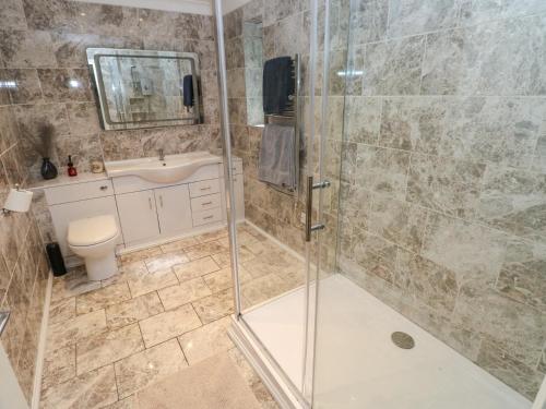a bathroom with a shower with a toilet and a sink at Annexe Meadows Farm in Swansea