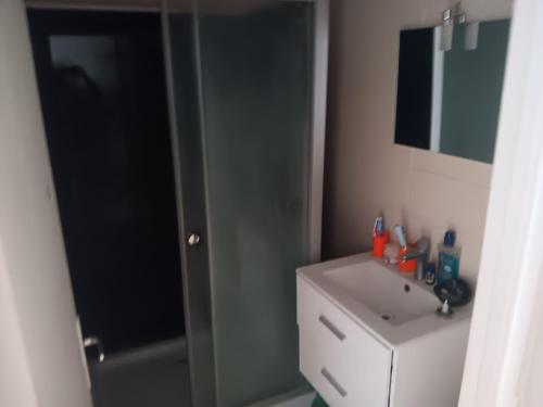 a bathroom with a sink and a shower at Olembe Garden in Avon